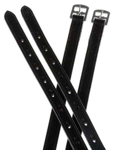 Four black stirrup leathers with metal buckles overlapping.