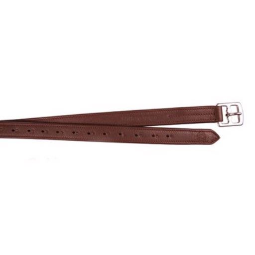 Brown stirrup leathers with silver buckle, multiple adjustment holes.