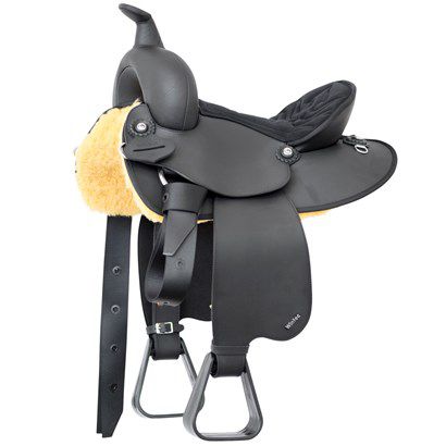 Black western saddle with yellow padding and metal stirrups.