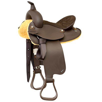 Brown western saddle with stirrups and yellow padded underside.