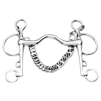 Silver pelham bit with a curb chain, equestrian equipment.