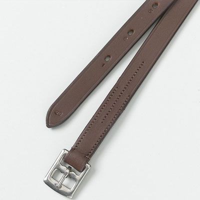 Brown stirrup leathers with metal buckles on white background.