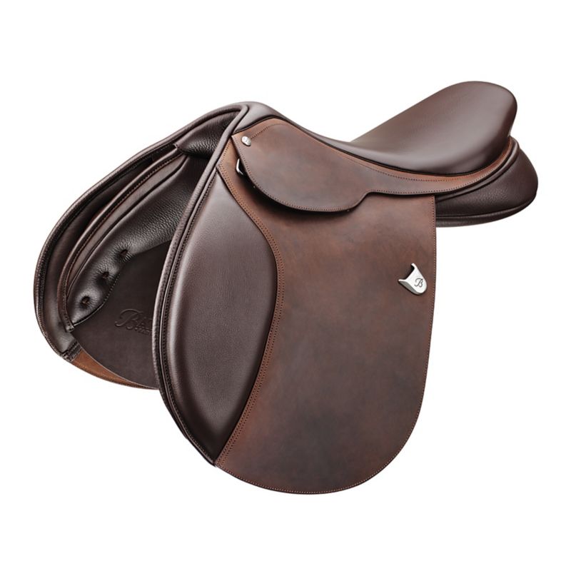 "Brown Bates showjumping saddle with sleek, high-quality leather finish."