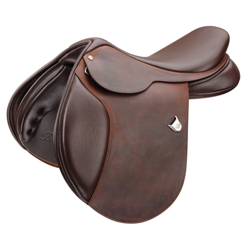 "Bates brown leather showjumping saddle with sleek, smooth finish."