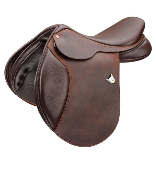 "Brown Bates showjumping saddle with smooth and textured leather finish."