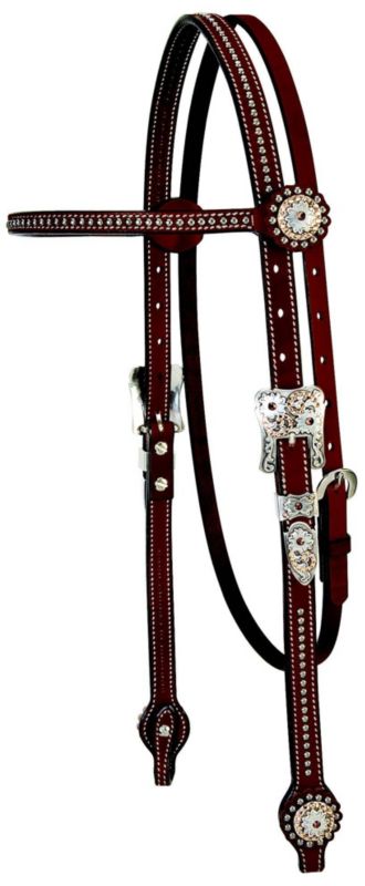 Elegant English bridle with decorative silver buckles and studs.