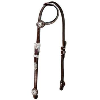 Brown English bridle with decorative silver conchos and accents.