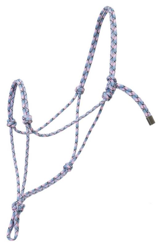 Colorful rope halter with blue, pink, and white pattern.