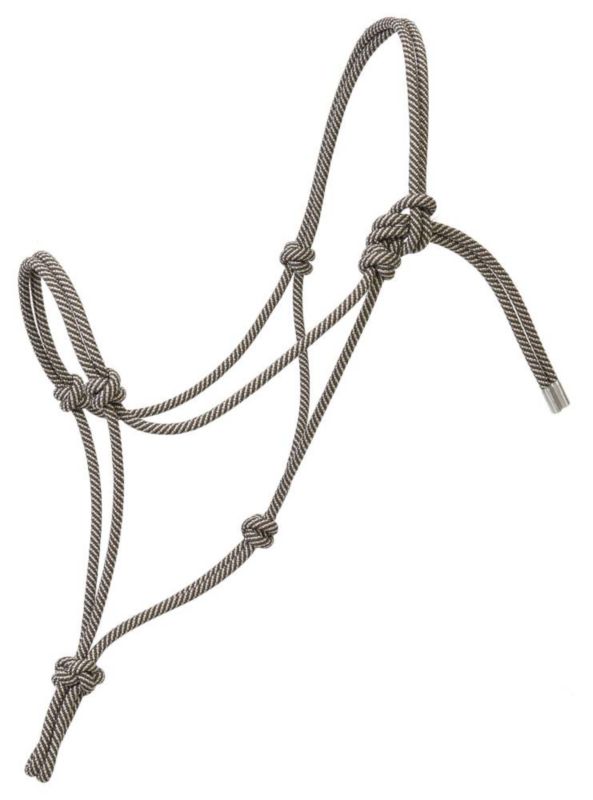 Gray rope halter with multiple knots and loops, isolated.