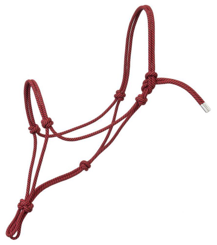 Red and black adjustable rope halter with knot details.