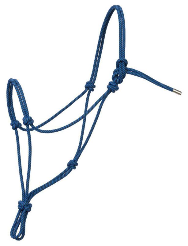 Blue rope halter with multiple knots on white background.