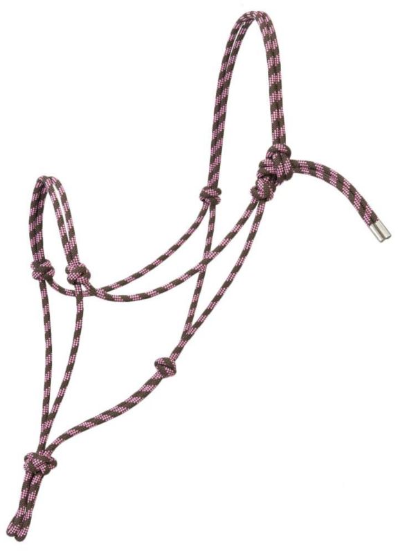 Pink and black rope halter with intricate knot design.