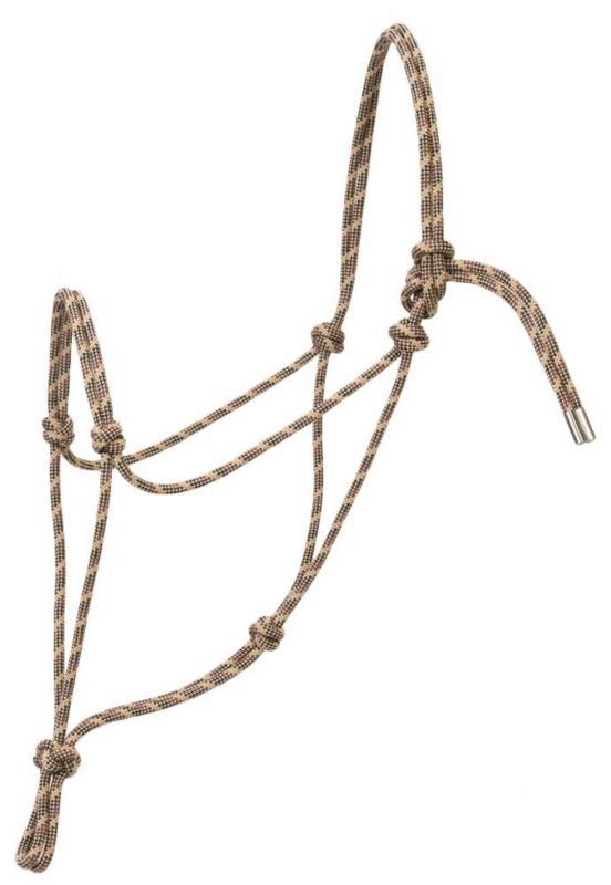 A patterned rope halter with multiple knots and loops.