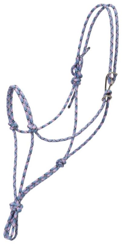 Blue patterned rope halter with knots and metal clasp.