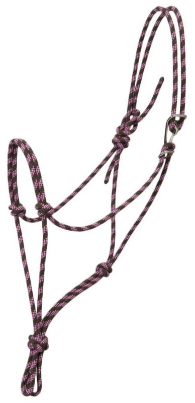 Purple and black patterned rope halter with knotted design.