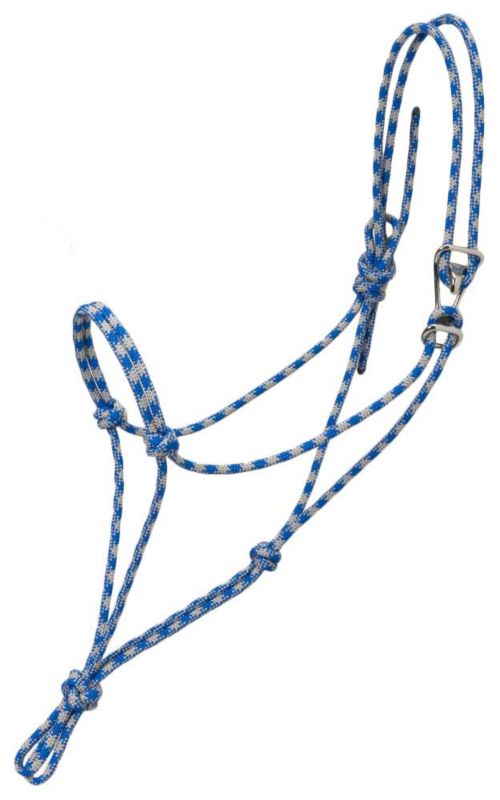 Blue and white patterned rope halter with multiple knots.