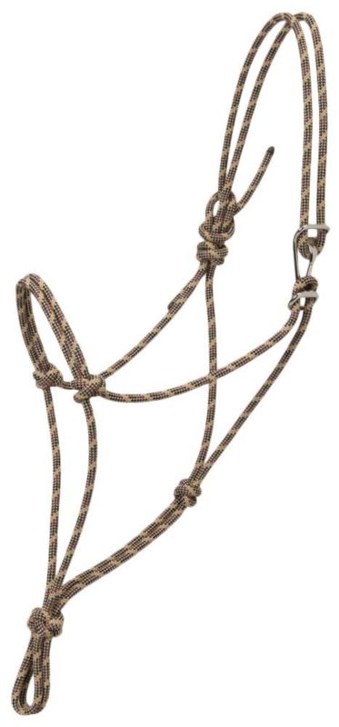 Braided rope halter with knots and adjustable headpiece, beige-black pattern.