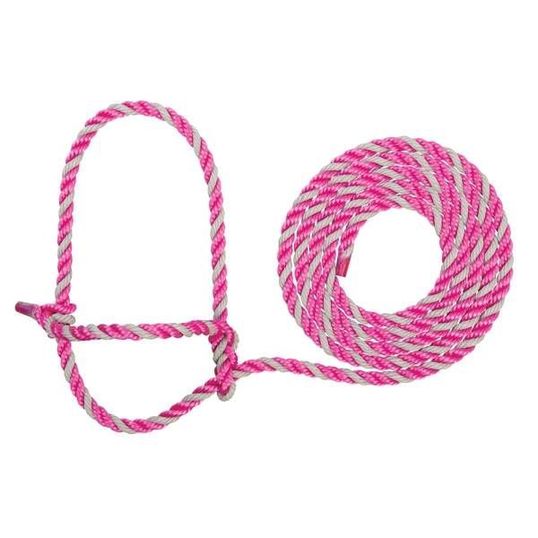 Pink and white rope halter, coiled and uncoiled sections.