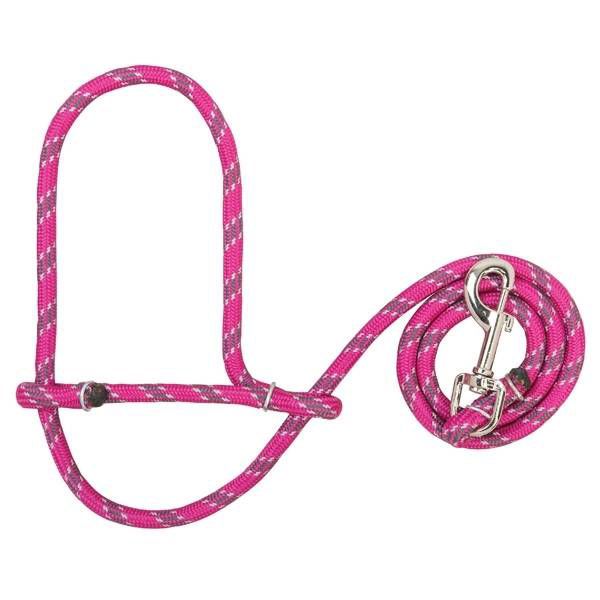 Pink and gray rope halter with attached lead rope.