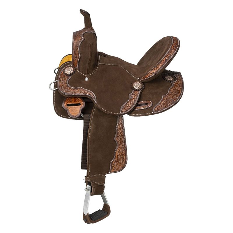 Brown western saddle with intricate leather tooling and stirrups.