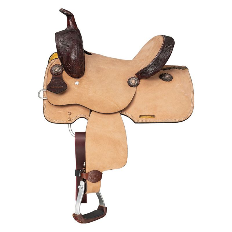 Tan and dark brown western saddle with floral detailing.