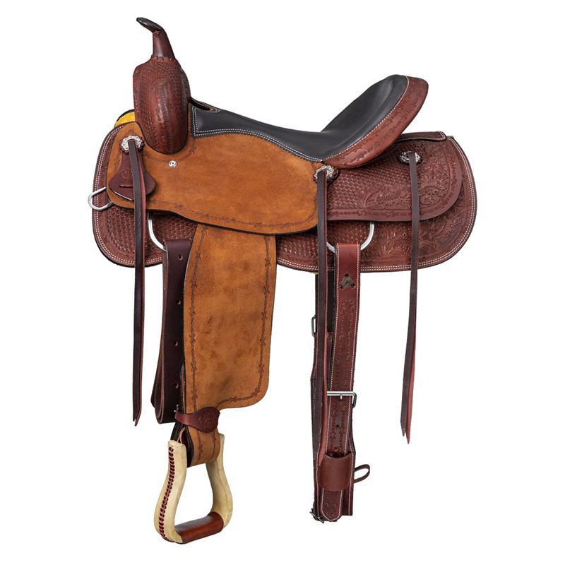 Brown western saddle with ornate leatherwork and beige stirrups.