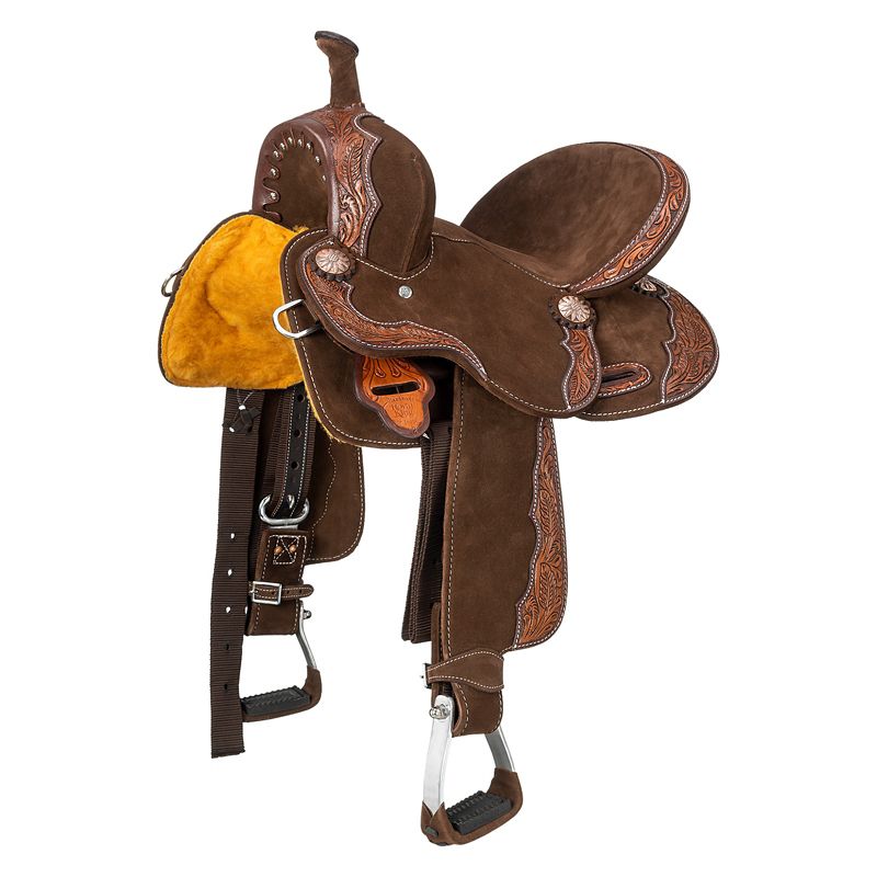 Brown, intricately designed western saddle with detailed leather accents.