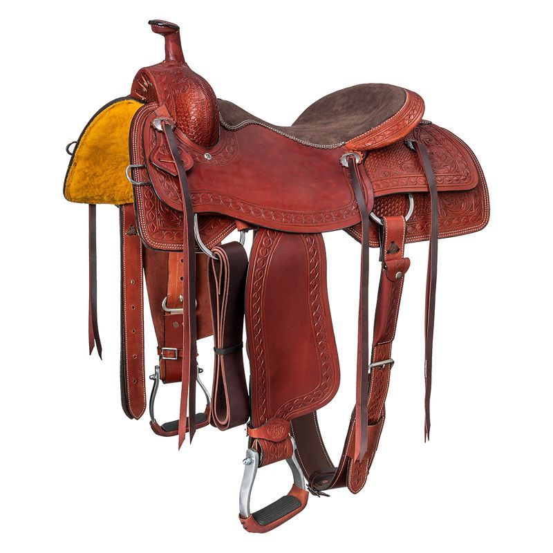 Detailed red leather western saddle with intricate embroidery designs.