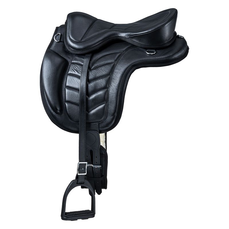 Black leather showjumping saddle with stirrups and padded seat.