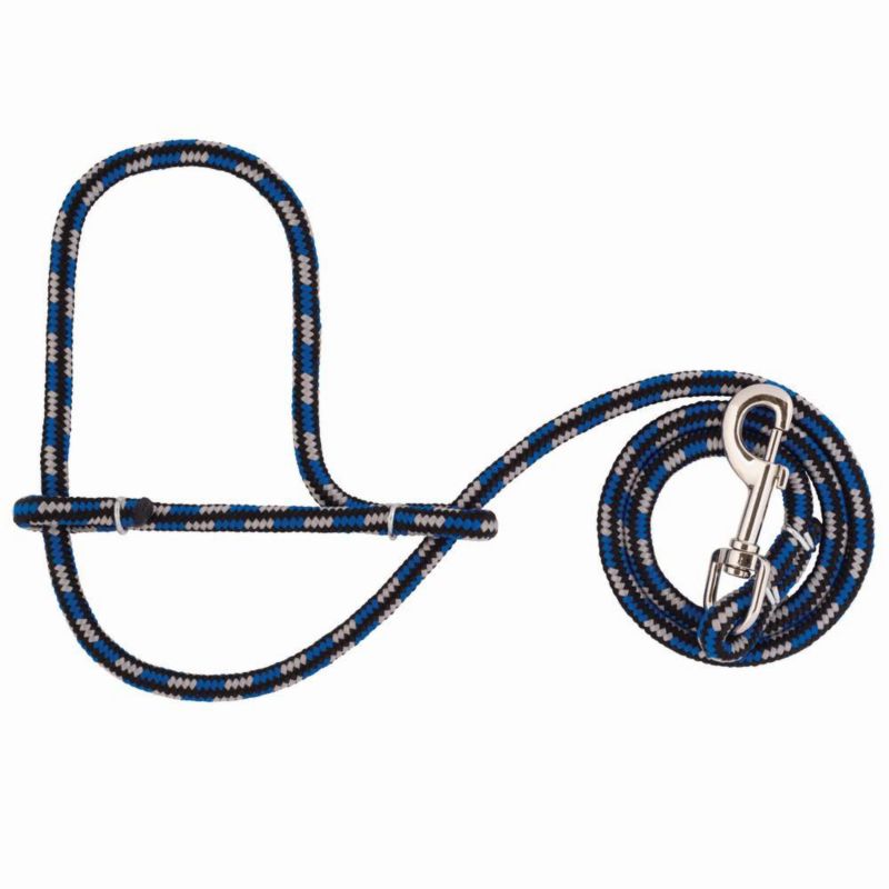 Blue and black striped rope halter with metal clip.