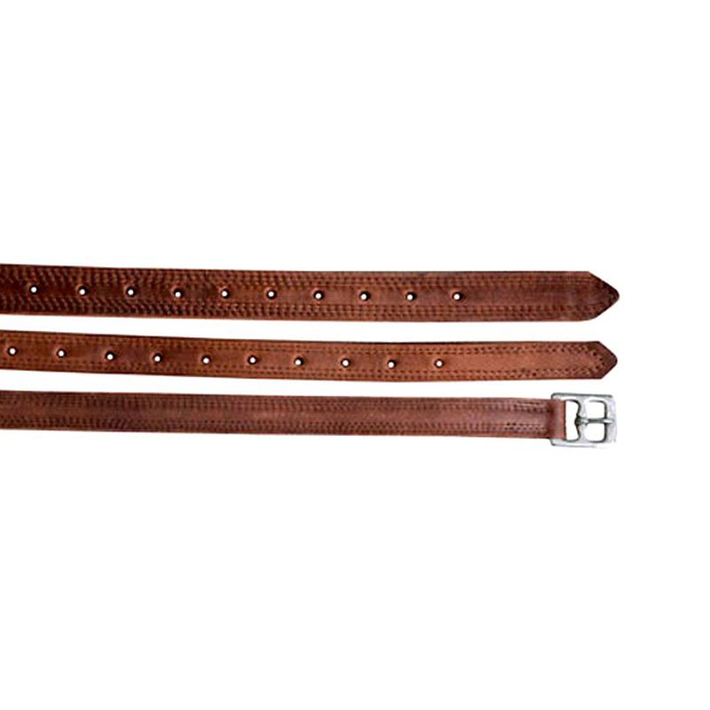 Brown stirrup leathers with holes and metal buckles attached.