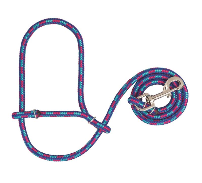 Colorful, woven rope halter with attached silver metal clip.