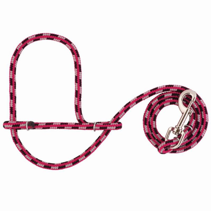 Pink, black, and white braided rope halter with silver clasp.