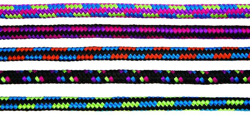 Colorful, braided rope halters displayed in five distinct patterns.