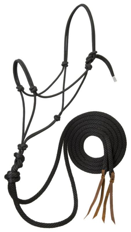 Black Bitless Bridle with rope design and leather ends.