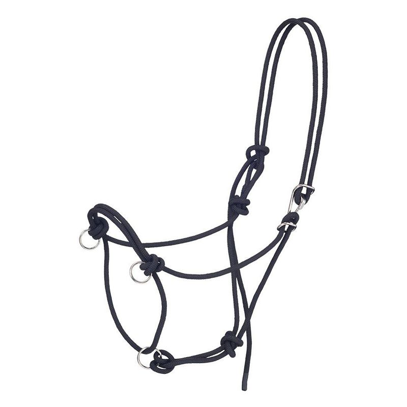 Black rope halter with metal rings on white background.