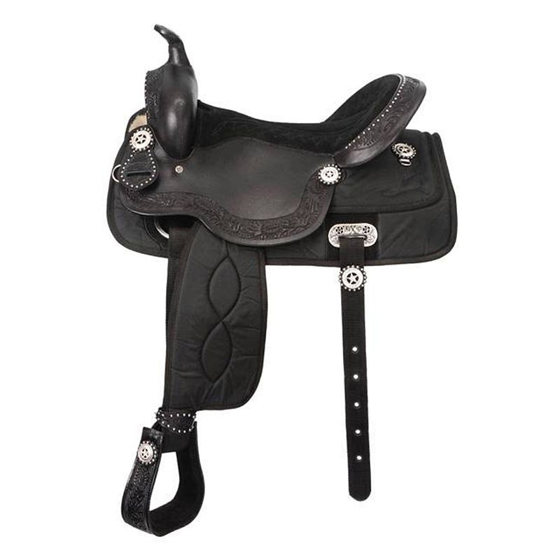 Black, detailed western saddle with silver decorative elements.