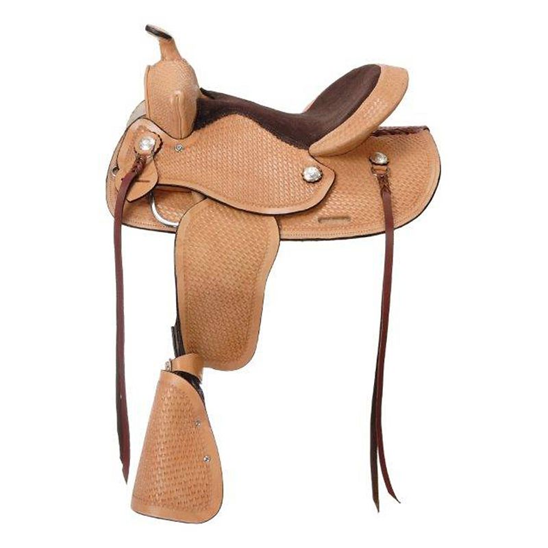 Tan leather pony saddle with detailed stitching and silver accents.