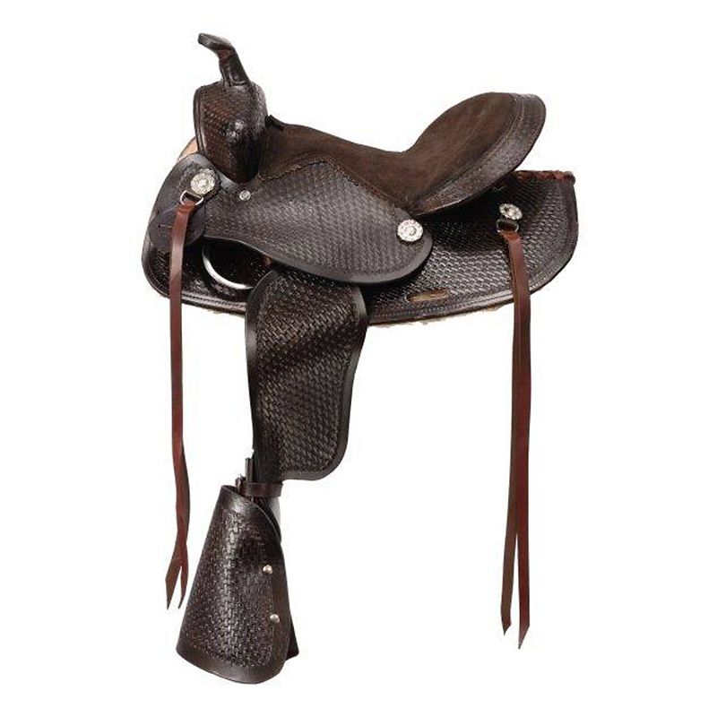 Brown leather pony saddle with intricate textured design.