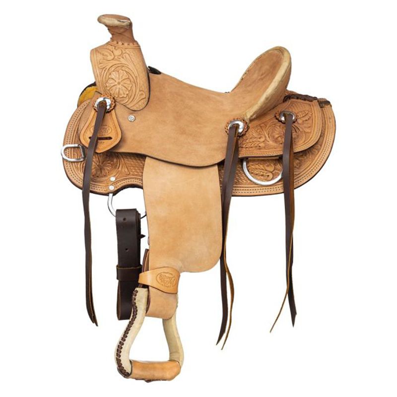 Tan and brown ornate leather western saddle with stirrups.