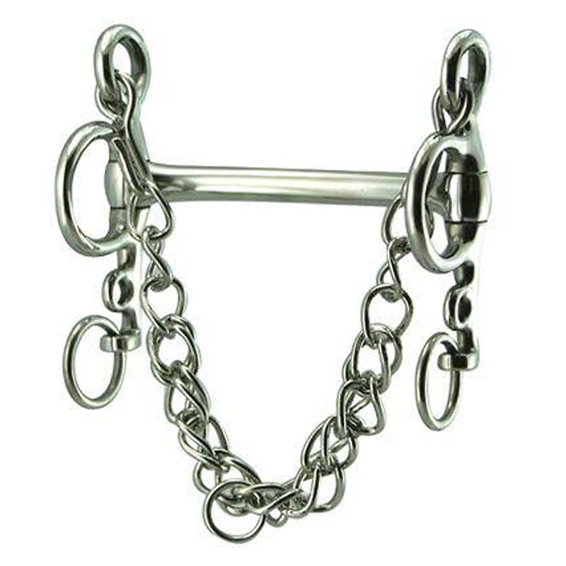 Stainless steel pelham bit with multiple rings and chain.