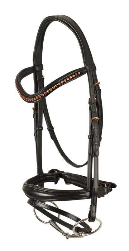 Black leather dressage bridle with brown rhinestone detailing and buckles.