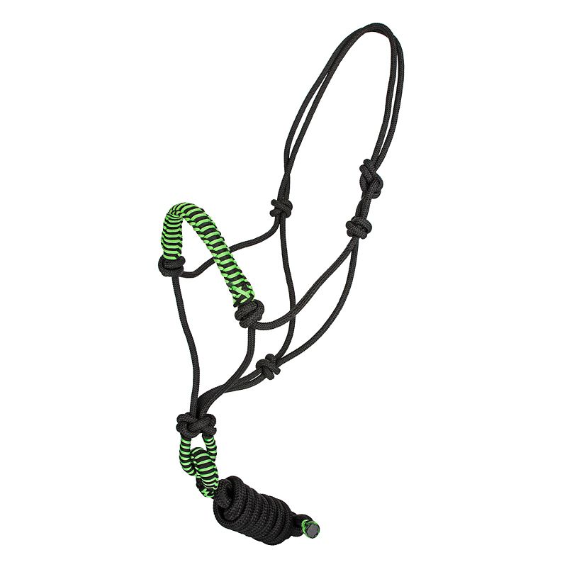 Black and green braided rope halter with multiple knots.