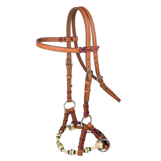 Brown leather Bitless bridle with intricate purple and cream details.