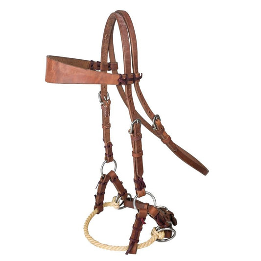 Brown leather Bitless bridle with rope noseband and buckles.