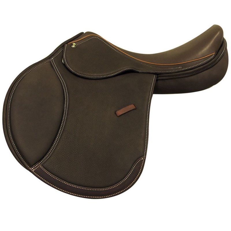 Brown Prestige showjumping saddle with white stitching.