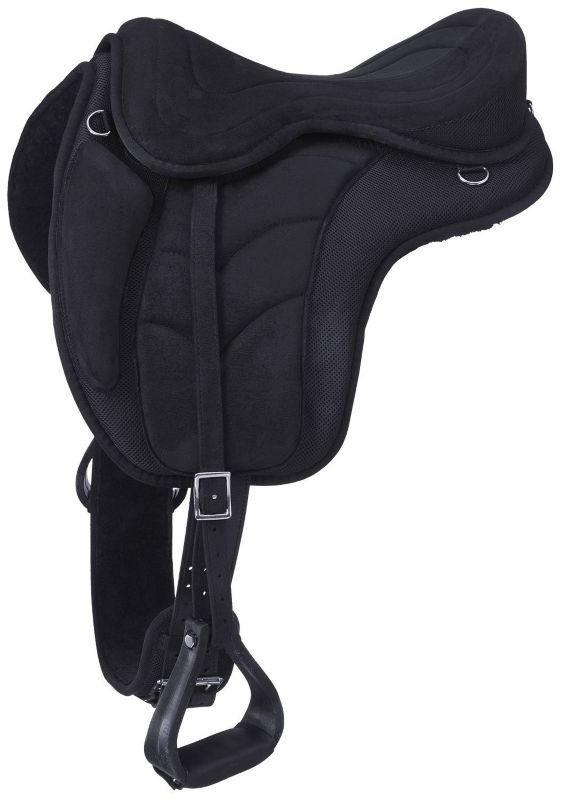 Black padded western saddle with leather straps, metal buckles.