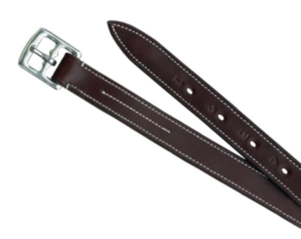 Brown leather stirrup leathers with metal buckle, white stitching.