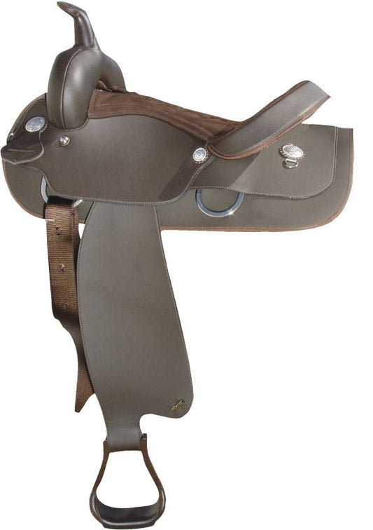 Brown western saddle with stirrup and silver decorative elements isolated.