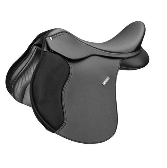 Black Wintec all-purpose saddle with protective flaps and seat.